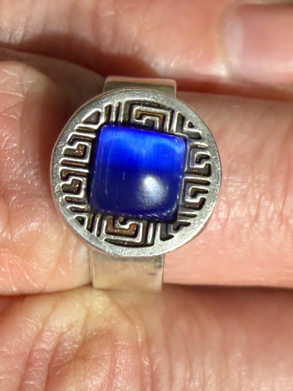Vintage 925 Sterling Silver Blue Glass Stone Adjustable Ring Size 6